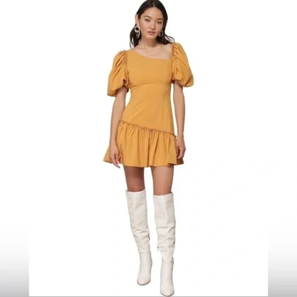 Line and Dot Mustard Balloon Sleeve Asymmetrical Ruffle Mini Dress size Small